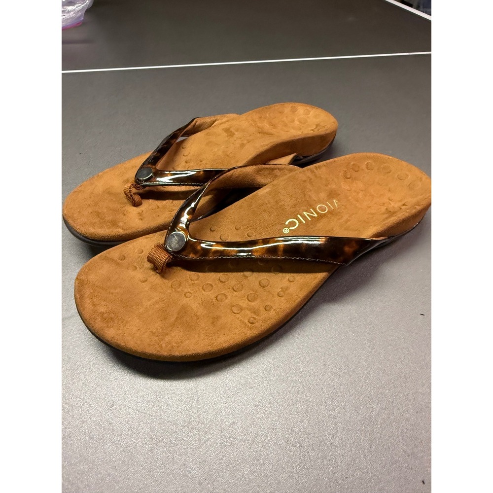 Vionic Mona Tortoise Shell Orthotic Thong Sandals Brown TVW5235 Womens 8